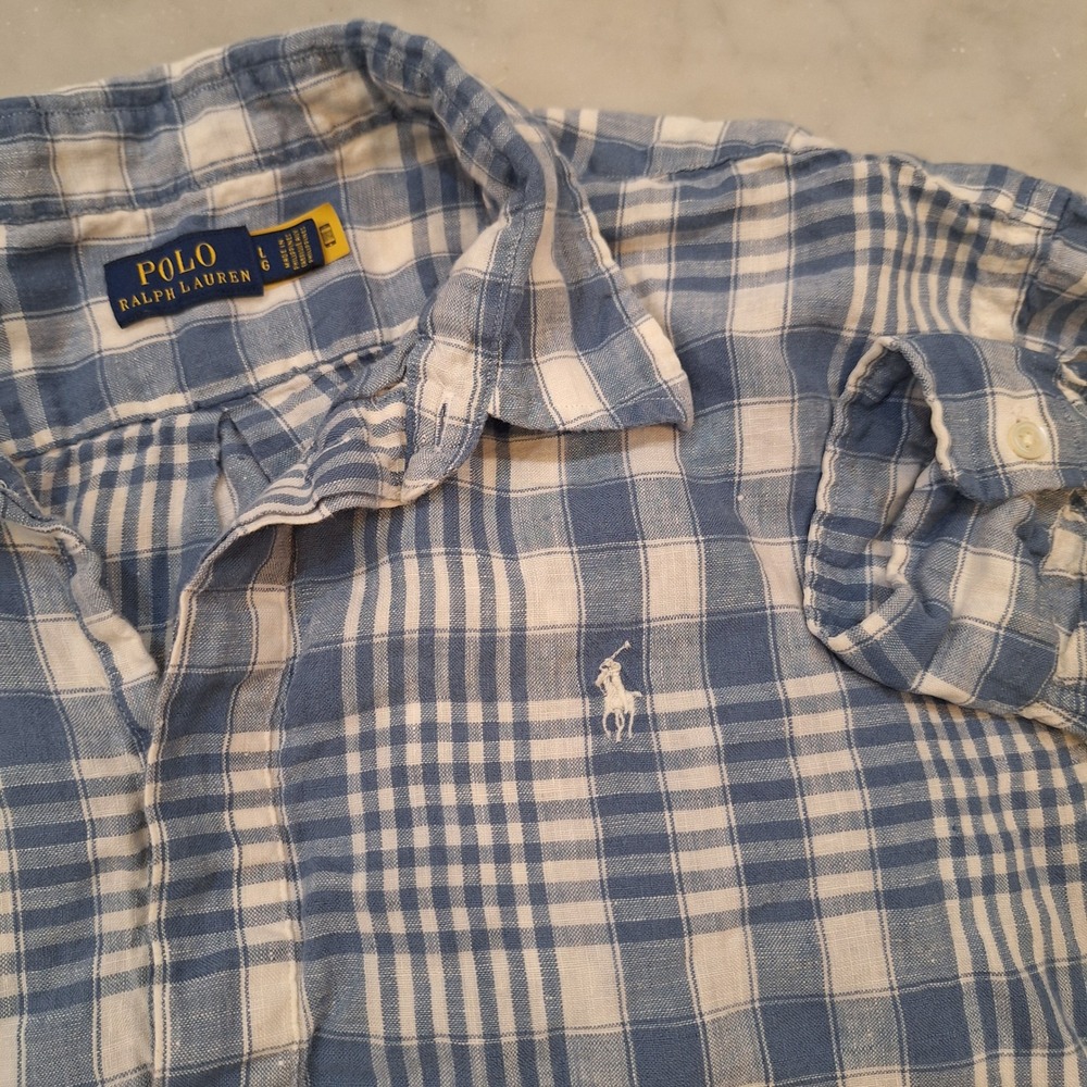 Polo Ralph Lauren Linen Check Pullover Shirt Wom Lg Blue Plaid LS Authenticated - Picture 1 of 11